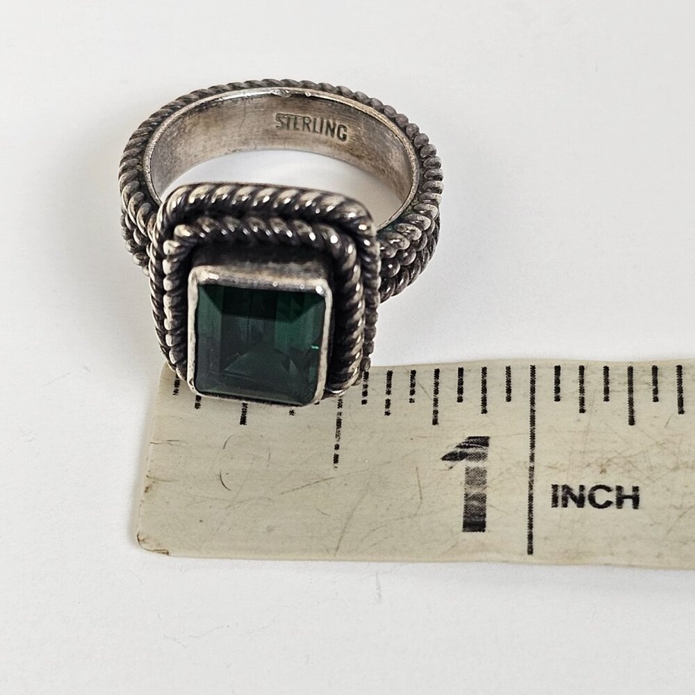 Vtg Sterling Silver Green Quartz Ring Size 7 Square Textured Rope Band Chunky - Picture 10 of 16